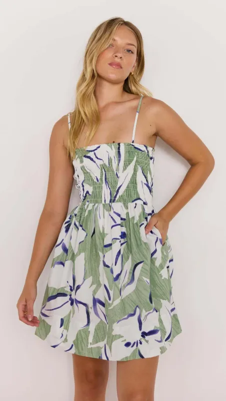 Green & White Shirred Mini Dress sold by MINKPINK