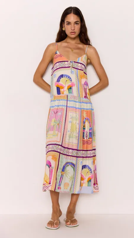 Dropped-Waist Strappy Midi Dress in Multicolour Print sold by MINKPINK