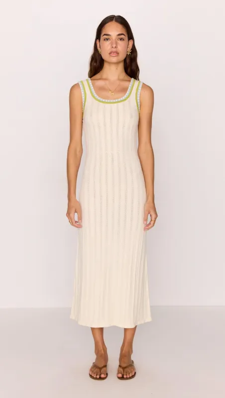 Knit Midi Dress in White with Contrast Green Trim sold by MINKPINK