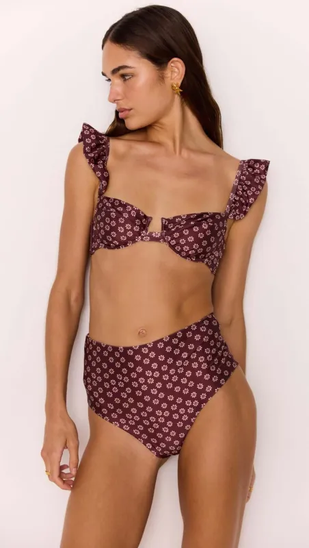 Ruffle Bra Top & High-Waisted Bikini Pant Set in Floral Print sold by MINKPINK
