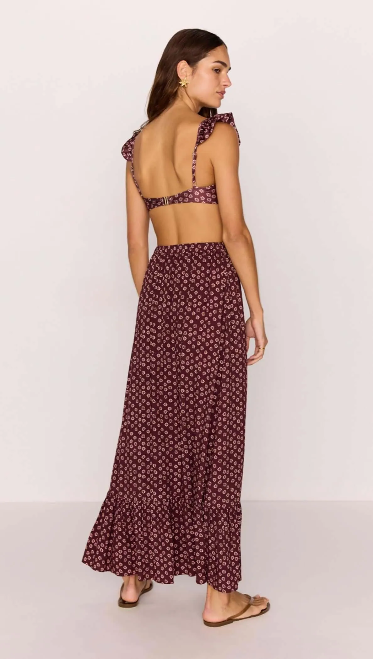 Ruffle Hem Maxi Skirt in Burgundy Floral Print sold by MINKPINK product image thumbnail 5