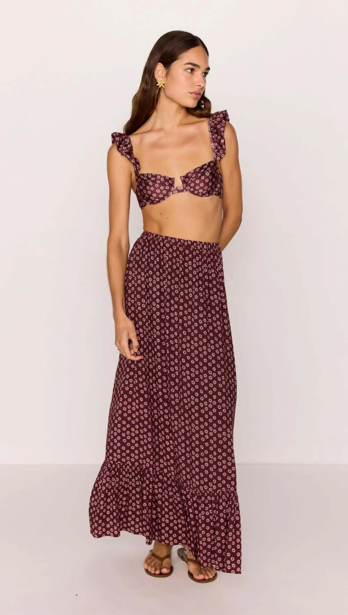 Ruffle Hem Maxi Skirt in Burgundy Floral Print sold by MINKPINK product image thumbnail 4
