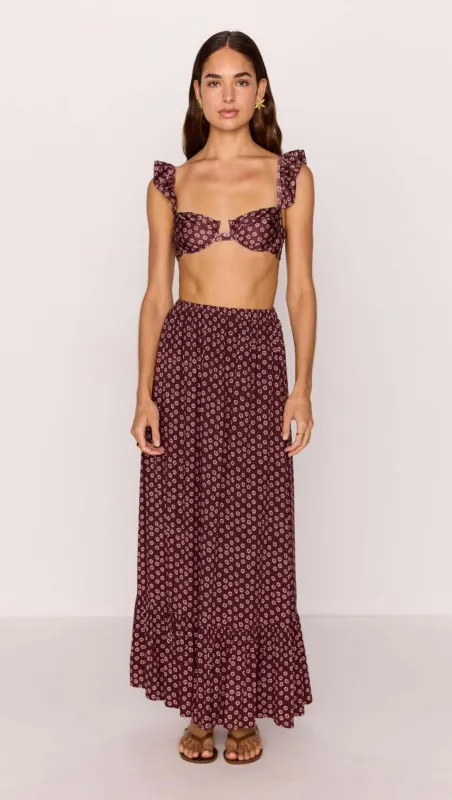 Ruffle Hem Maxi Skirt in Burgundy Floral Print made by MINKPINK