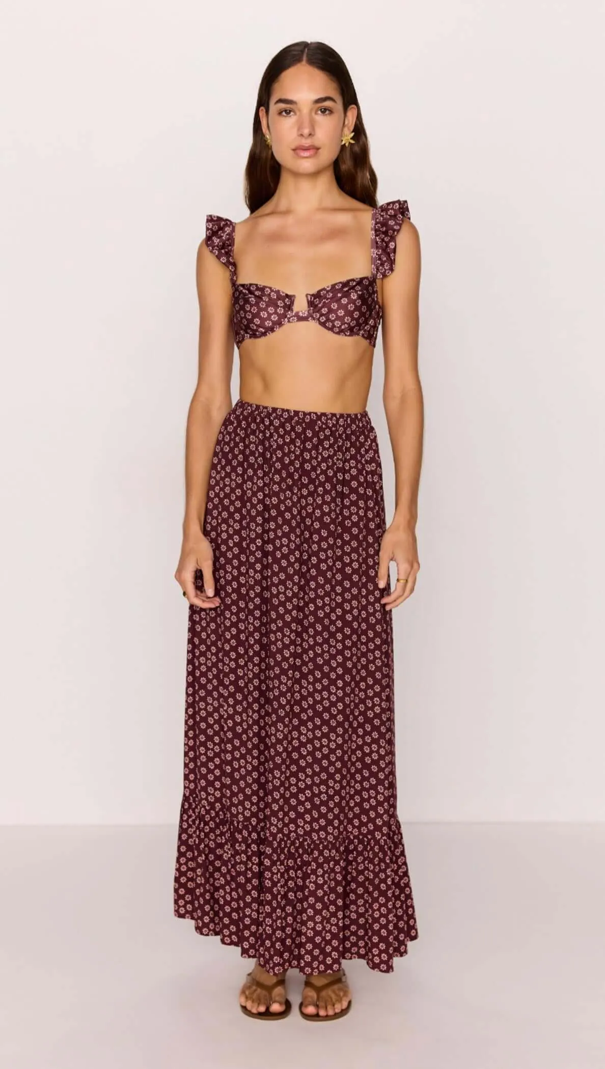 Ruffle Hem Maxi Skirt in Burgundy Floral Print sold by MINKPINK