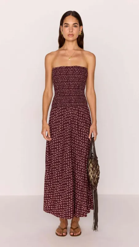 Strapless Ruched Bodice Maxi Dress in Burgundy Floral Print made by MINKPINK