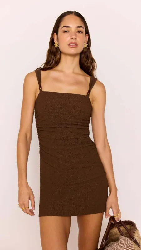 Brown Ruched Mini Dress with Bead Detail sold by MINKPINK