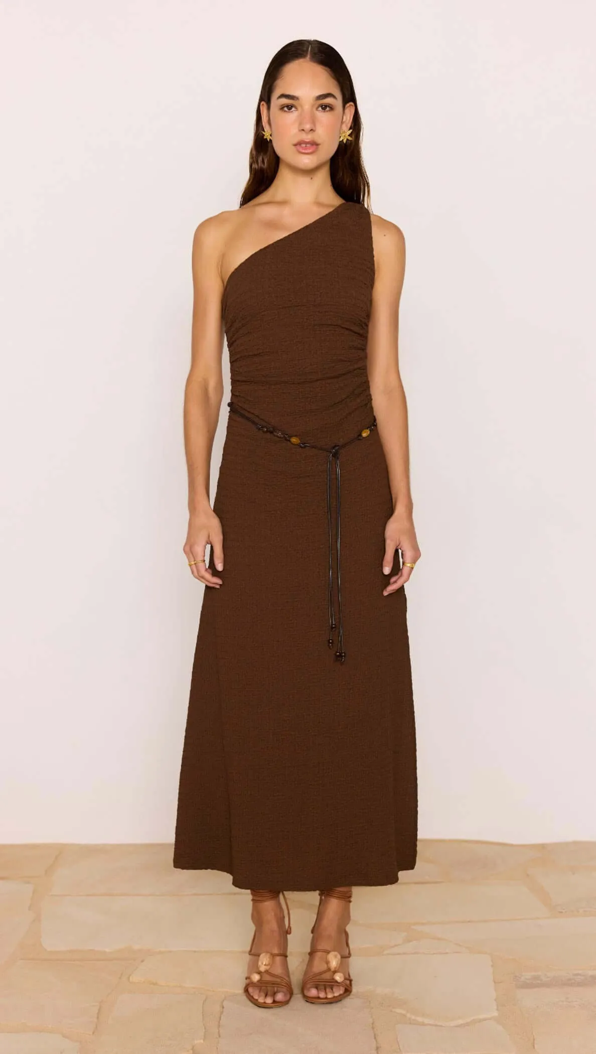 One-Shoulder Brown Midi Dress with Beaded Belt sold by MINKPINK