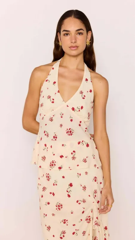 Red & Cream Floral Halter Bias Top made by MINKPINK