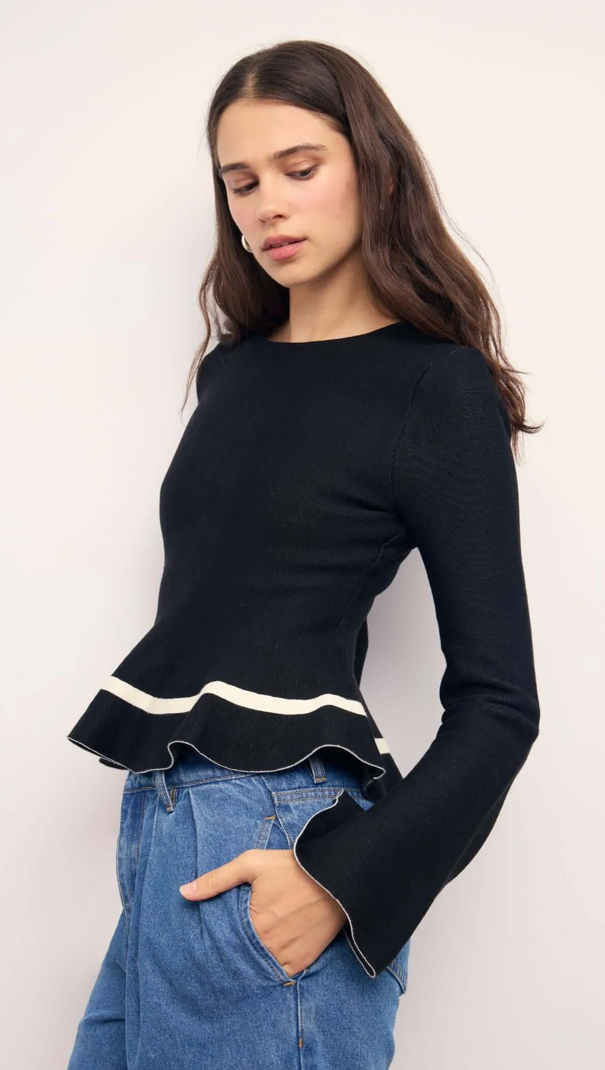 Black Peplum Knit Top With Contrast Trim sold by MINKPINK
