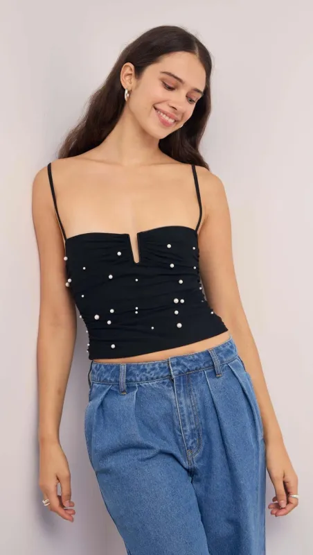 Pearl Embellished Black Mesh Crop Top sold by MINKPINK