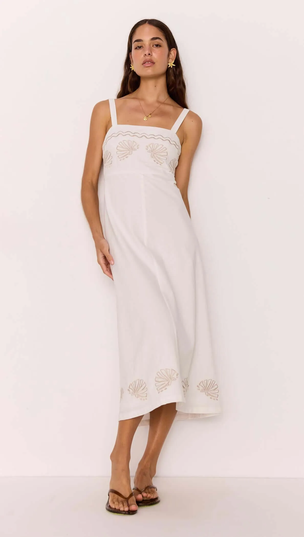 White Midi Dress with Embroidered Shell Detail sold by MINKPINK