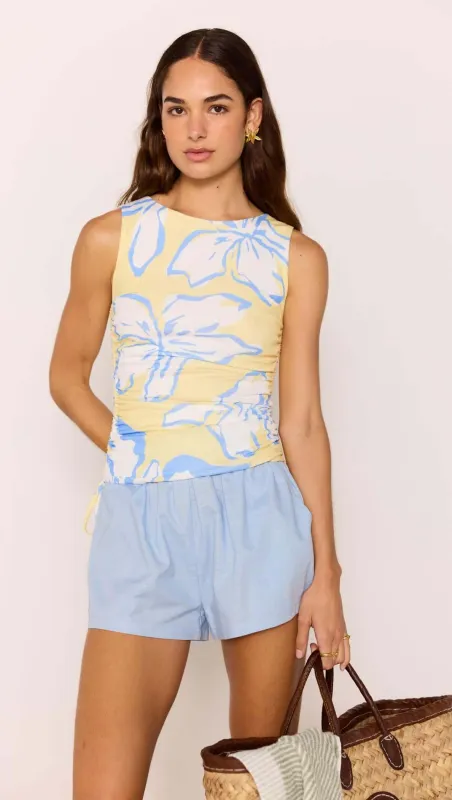 Yellow & Blue Floral Ruched Mesh Top sold by MINKPINK