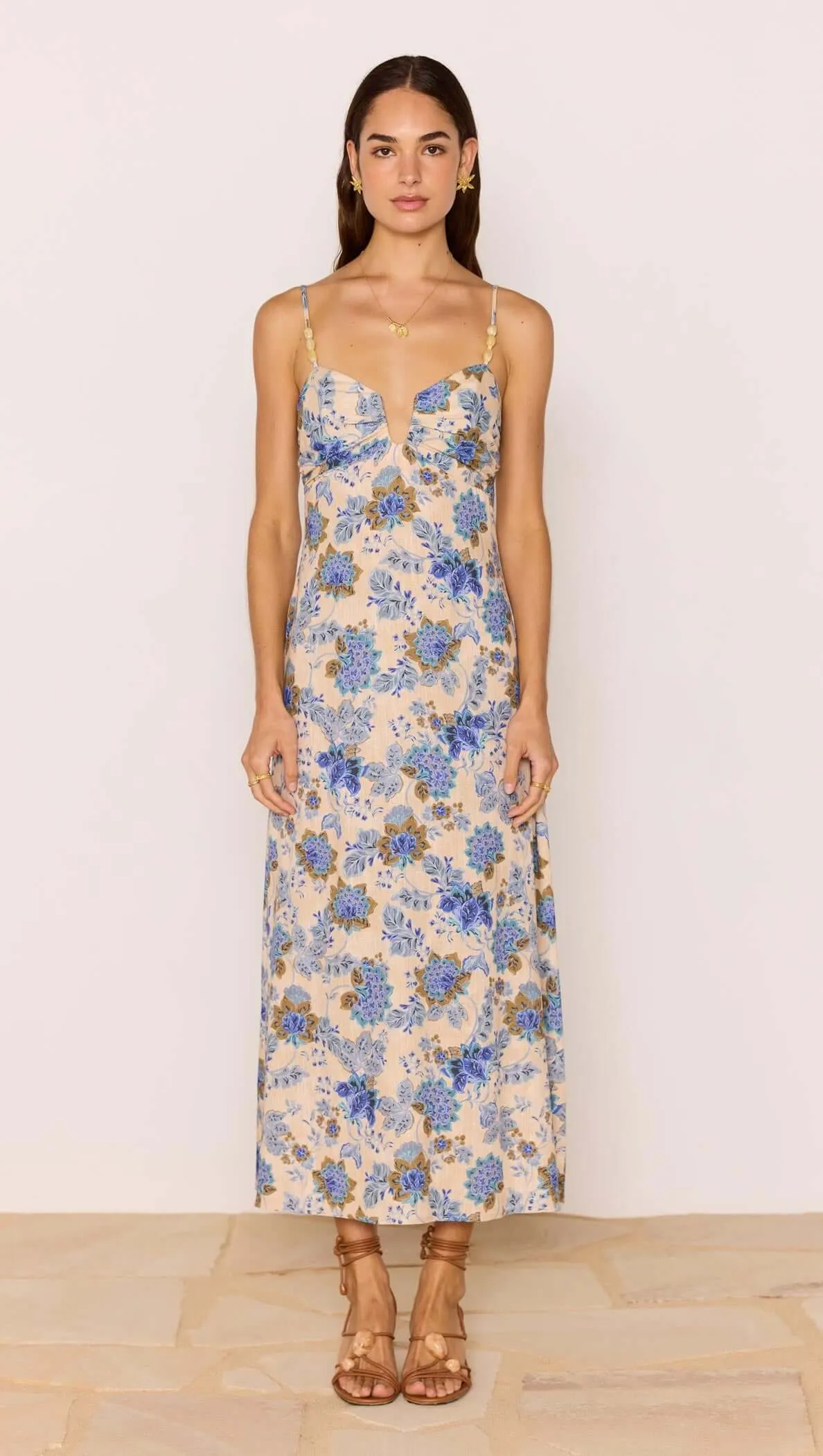 Linen Blend Blue Floral Bias Midi Dress sold by MINKPINK product image thumbnail 3