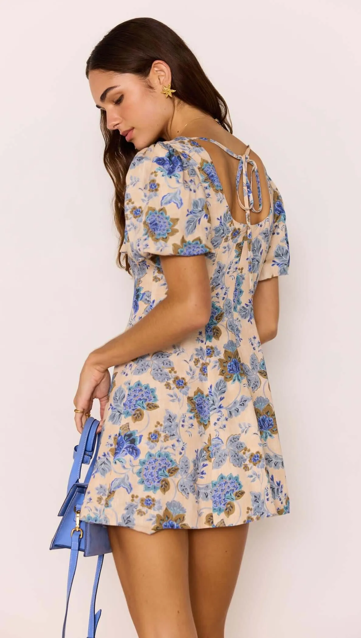 Linen Blend Blue Floral Mini Dress sold by MINKPINK product image thumbnail 4