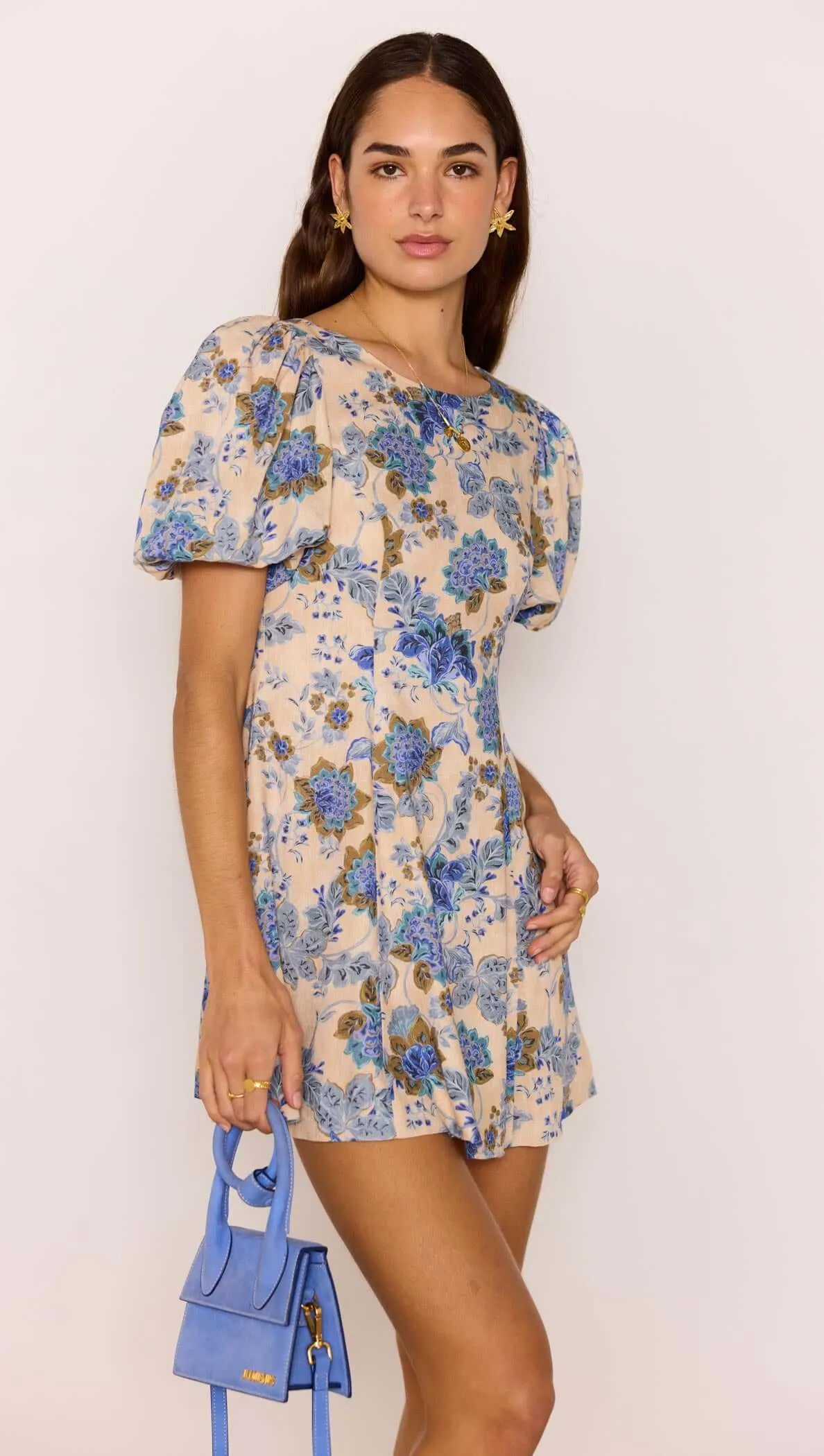 Linen Blend Blue Floral Mini Dress sold by MINKPINK product image thumbnail 3