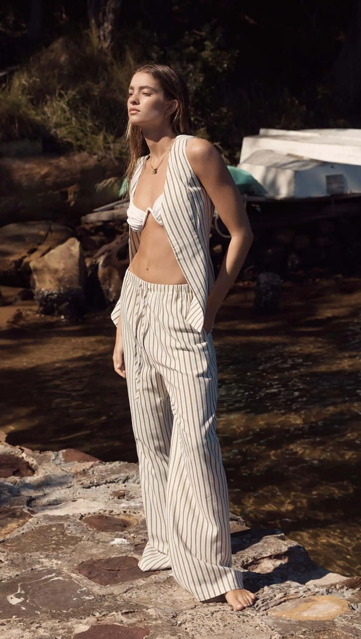 Olive & White Stripe Cotton Blend Relaxed Pant sold by MINKPINK product image thumbnail 3