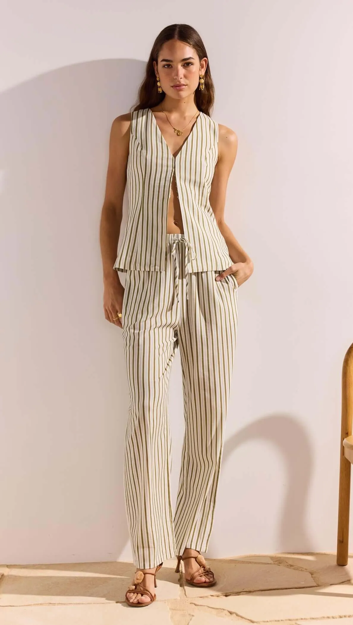 Olive & White Stripe Cotton Blend Relaxed Pant sold by MINKPINK product image thumbnail 2