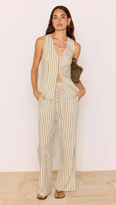 Olive & White Stripe Cotton Blend Relaxed Pant sold by MINKPINK