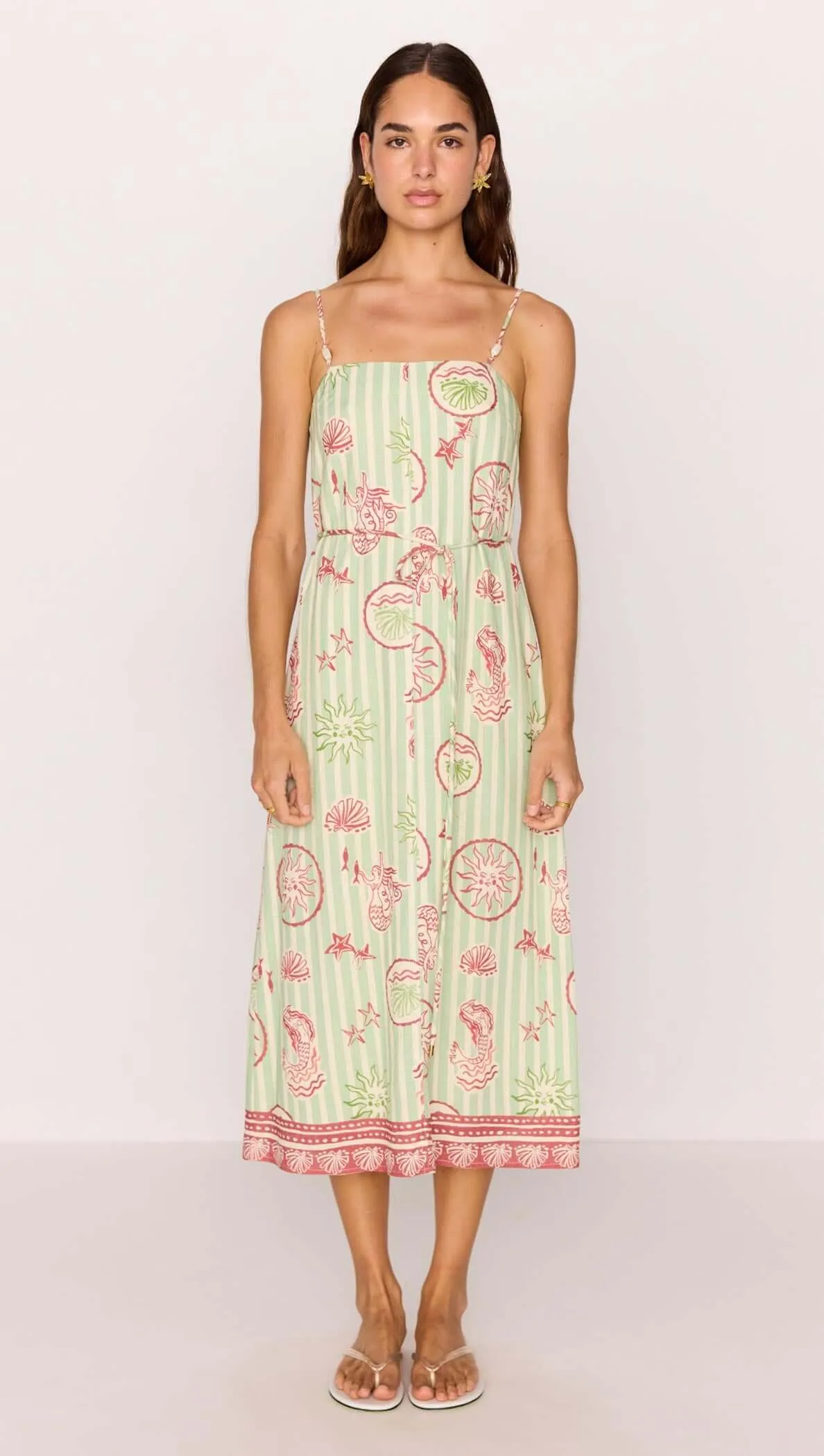 Linen Blend Green Stripe Printed Tie-Waist Midi Dress sold by MINKPINK