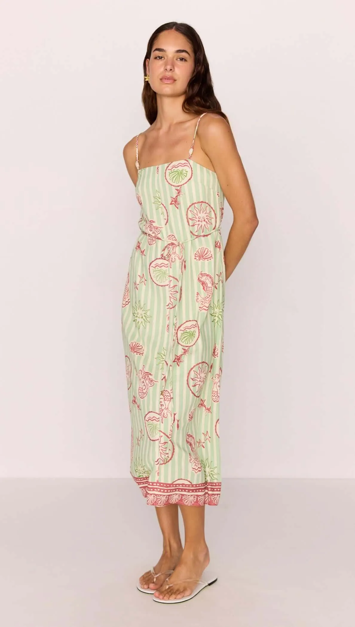 Linen Blend Green Stripe Printed Tie-Waist Midi Dress sold by MINKPINK product image thumbnail 2