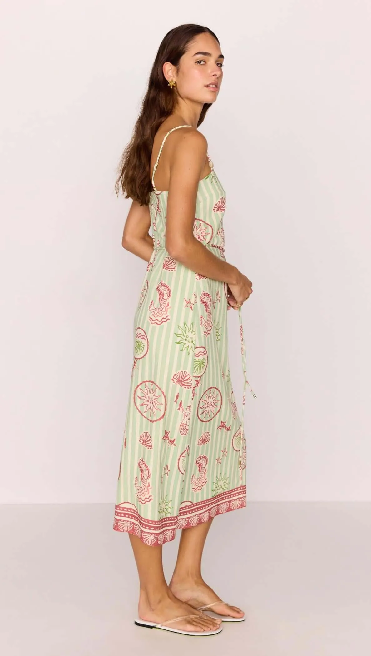 Linen Blend Green Stripe Printed Tie-Waist Midi Dress sold by MINKPINK product image thumbnail 3