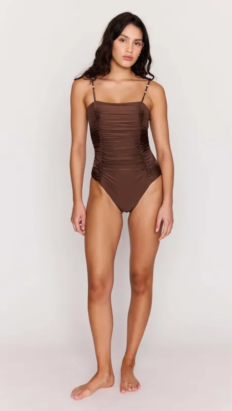 Chocolate Brown Ruched One-Piece Swimsuit made by MINKPINK