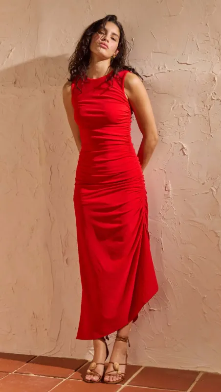 Red Ruched Stretch Midi Dress made by MINKPINK