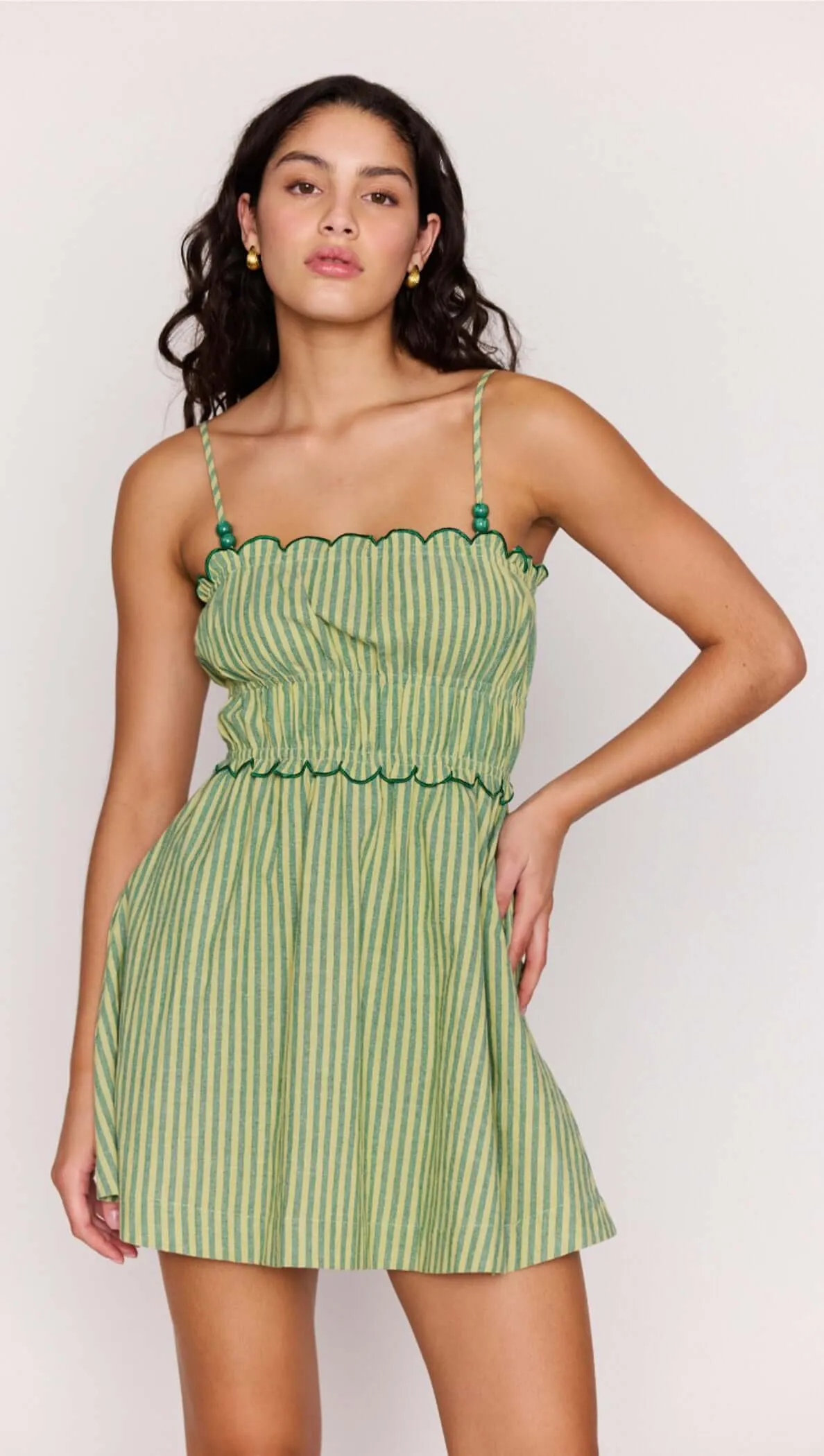 Green Striped Linen Blend Scallop Mini Dress sold by MINKPINK