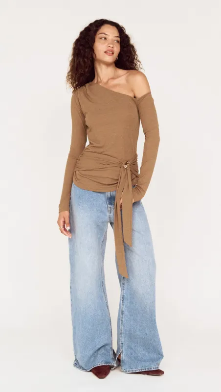 Coffee Off Shoulder Mesh Top with Tie Detail made by MINKPINK