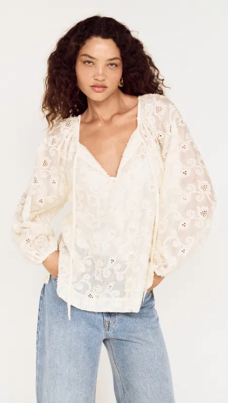 Cream Broderie Baloon Sleeve Blouse made by MINKPINK