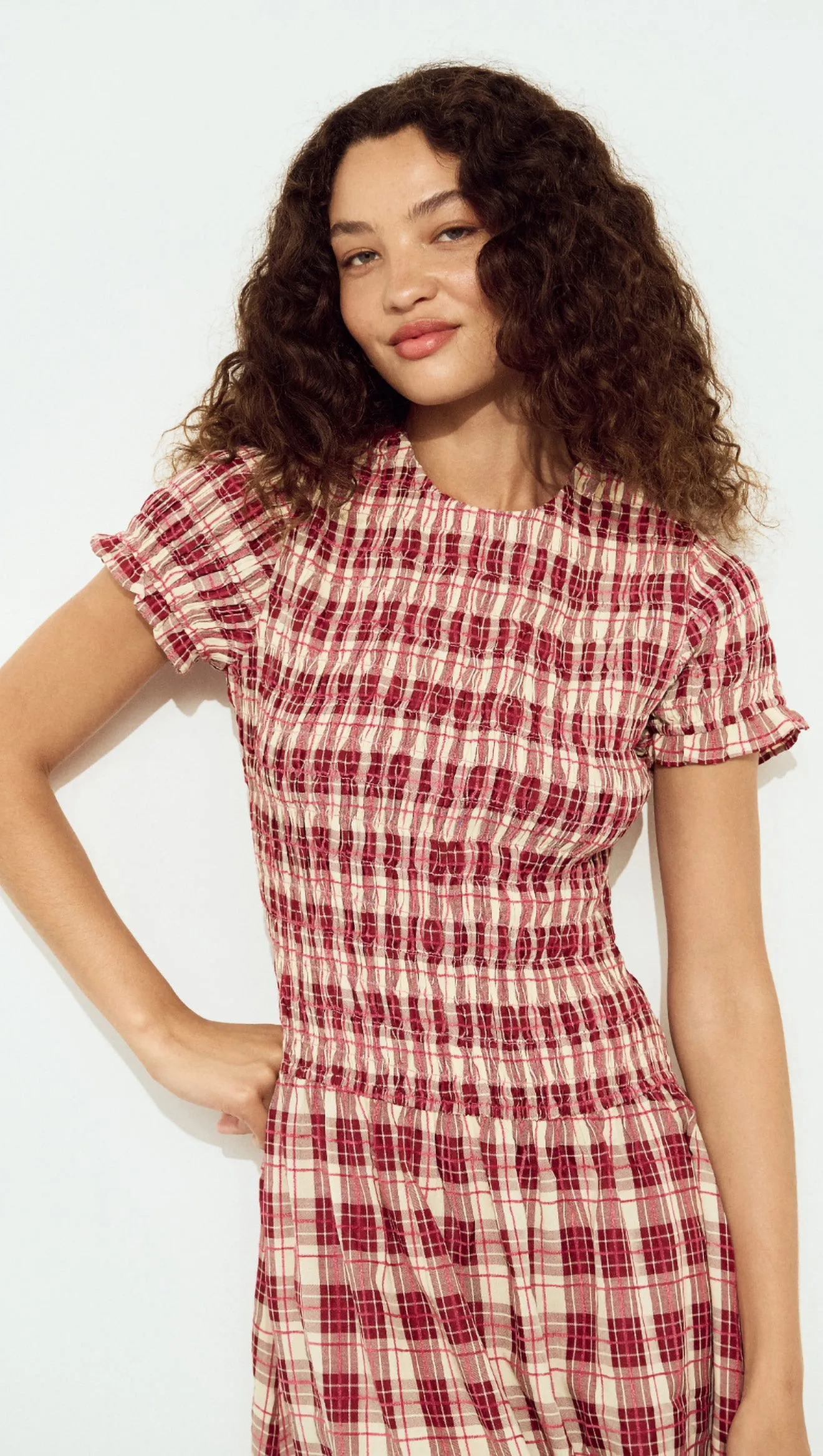 Short Sleeve Shirred Check Midi Dress sold by MINKPINK product image thumbnail 4