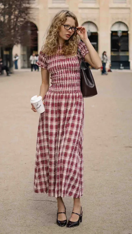 Short Sleeve Shirred Check Midi Dress made by MINKPINK