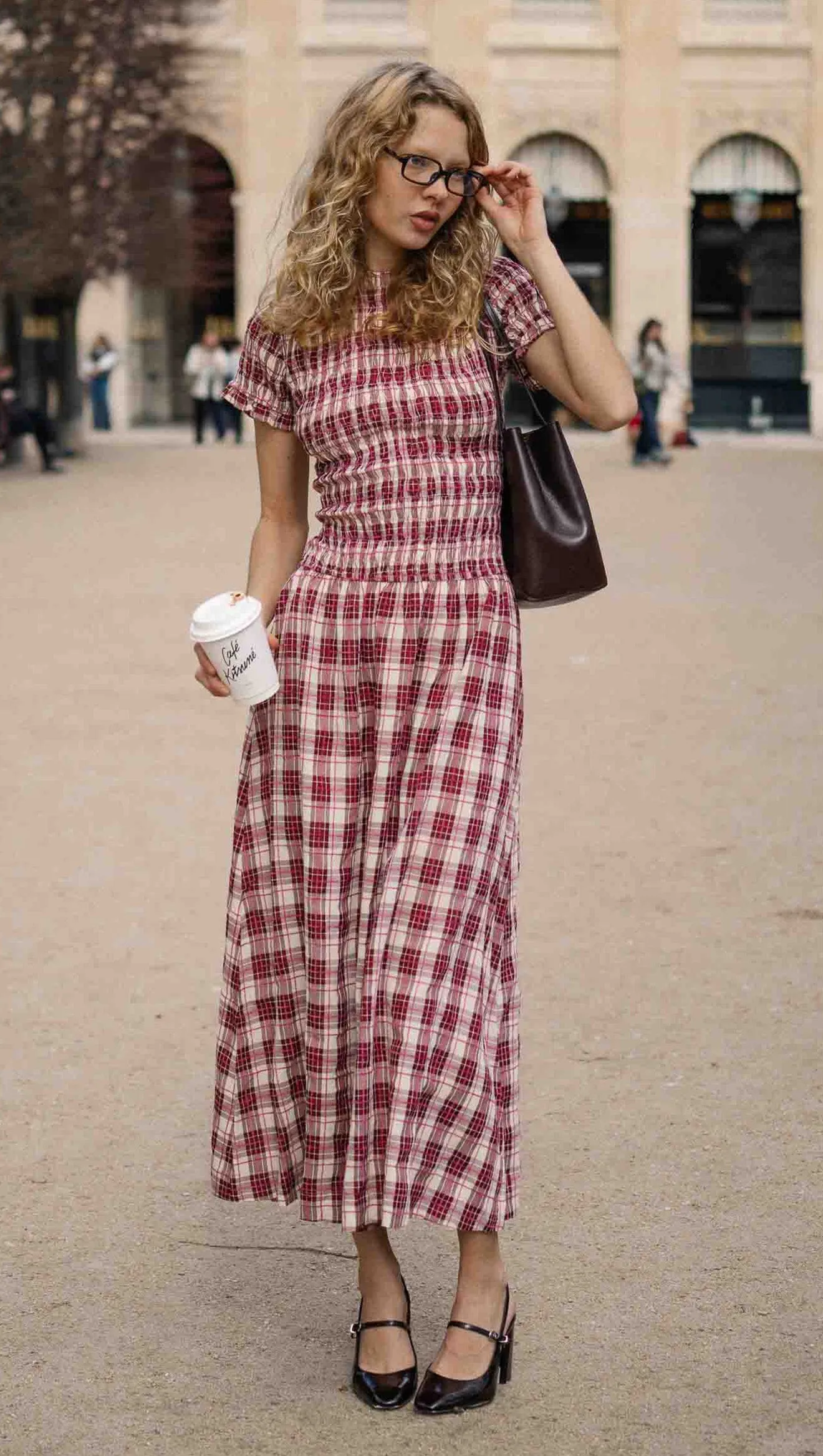 Short Sleeve Shirred Check Midi Dress sold by MINKPINK