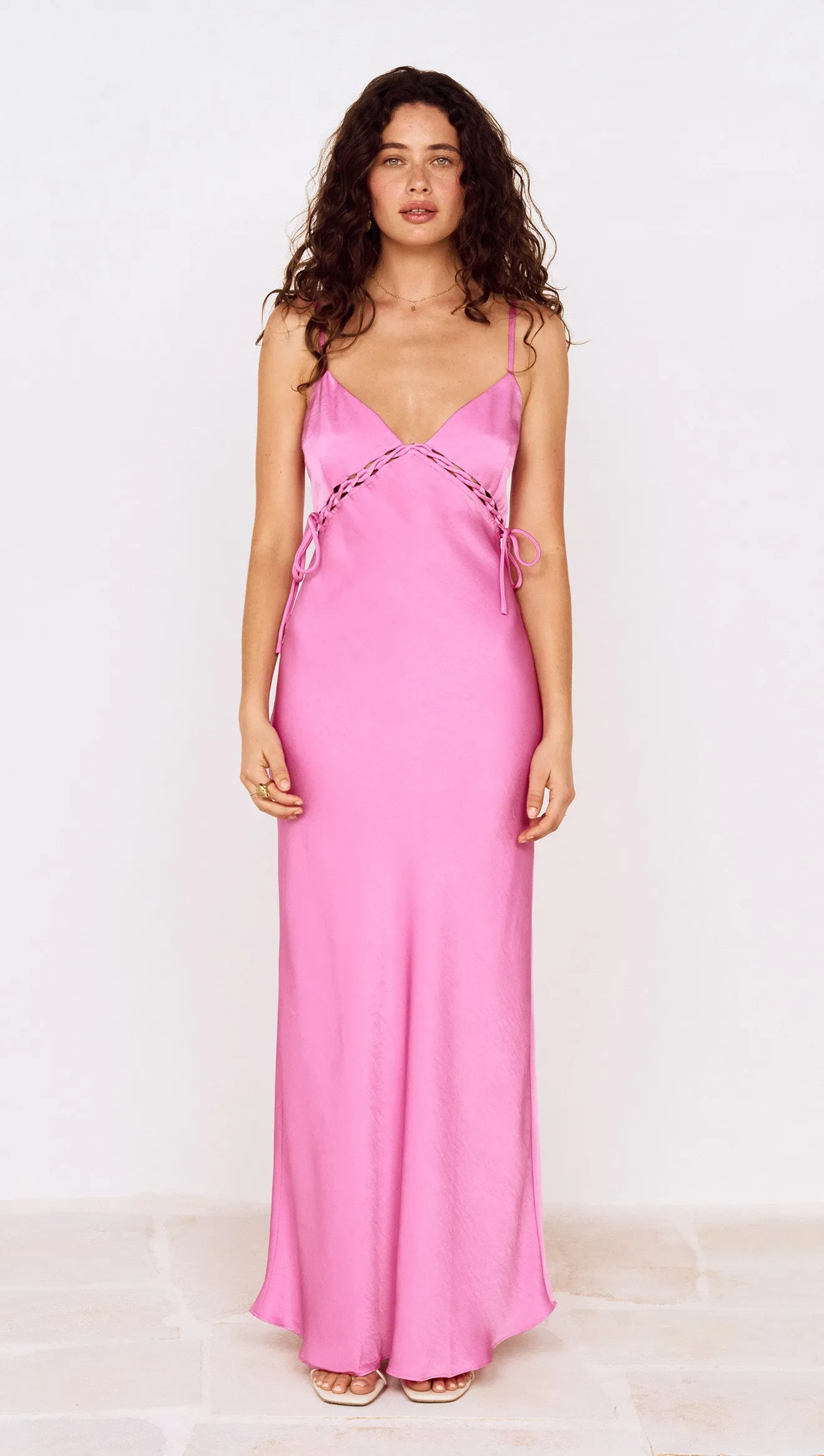 Fuchsia Bias Cut Maxi Dress with Lacing Detail sold by MINKPINK