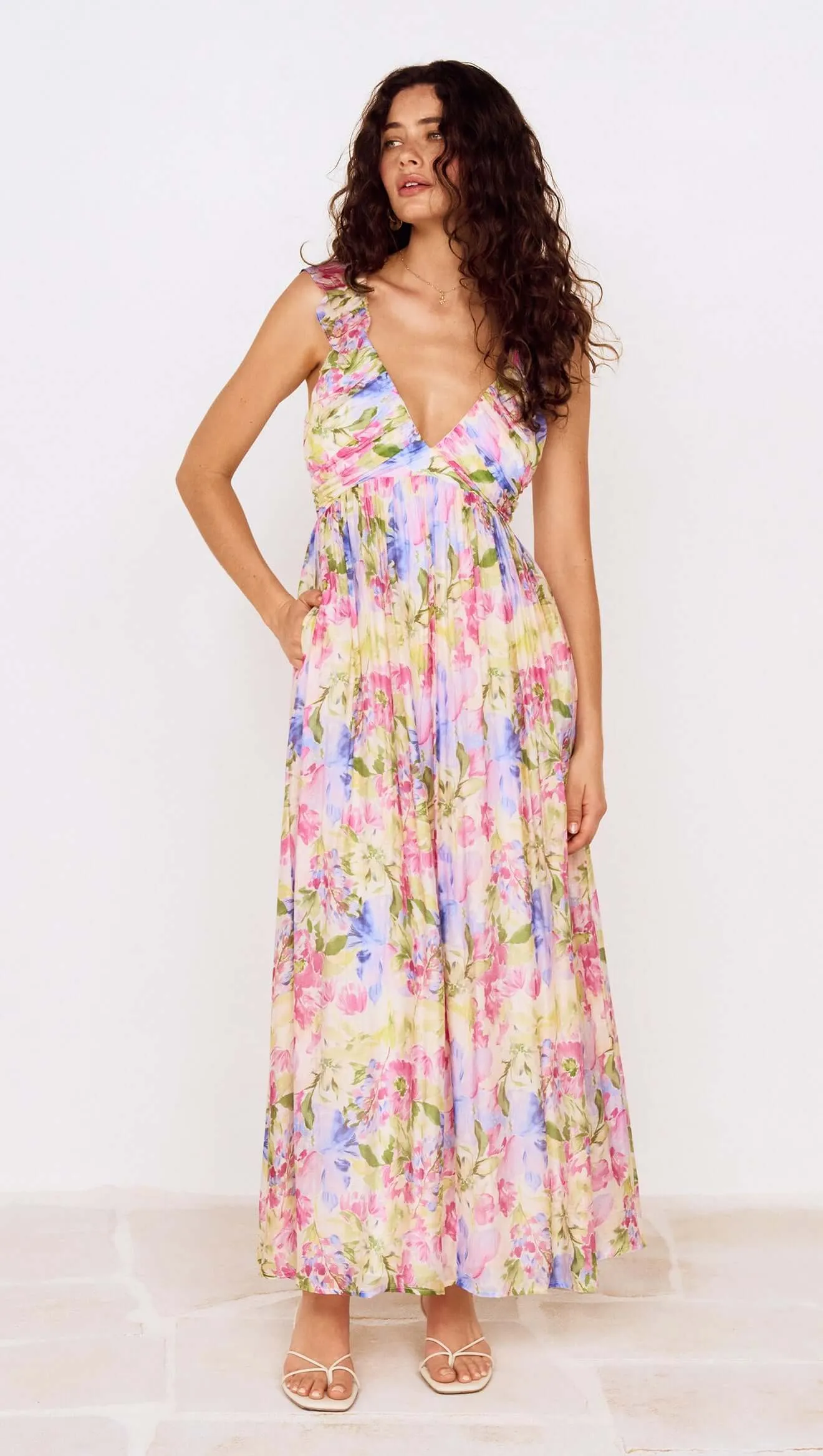 Watercolour Floral Ruffle Maxi Dress sold by MINKPINK