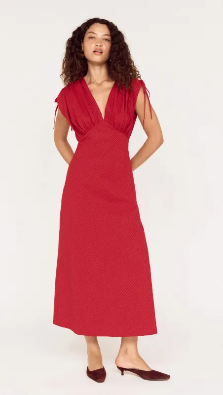 Red Stripe V-Neck Midi Dress with Gathered Shoulder made by MINKPINK