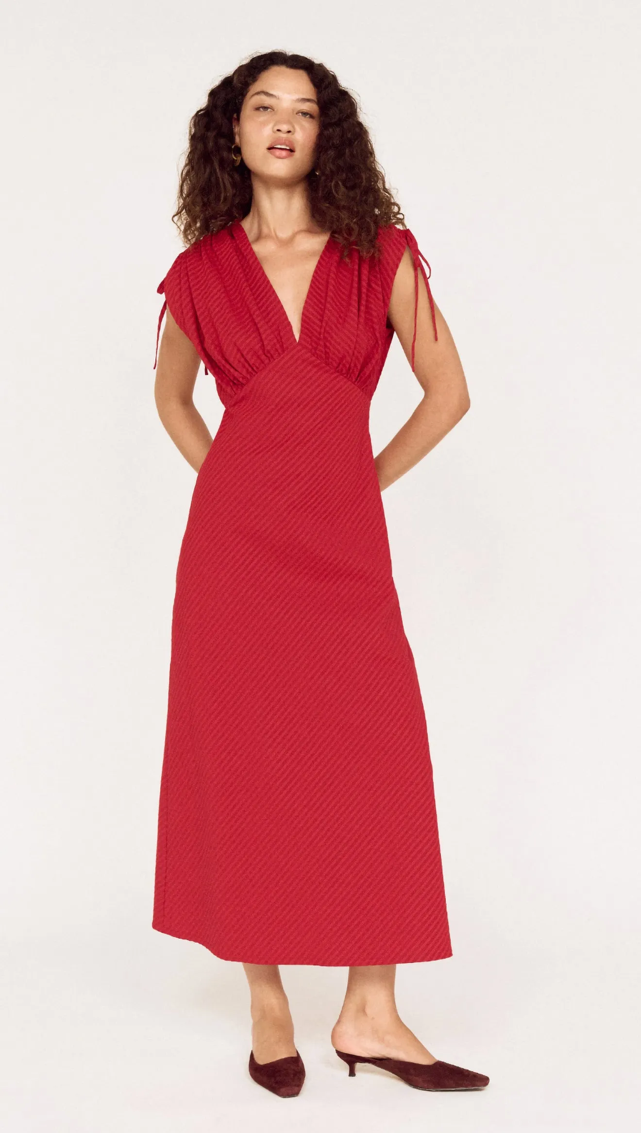 Red Stripe V-Neck Midi Dress with Gathered Shoulder sold by MINKPINK