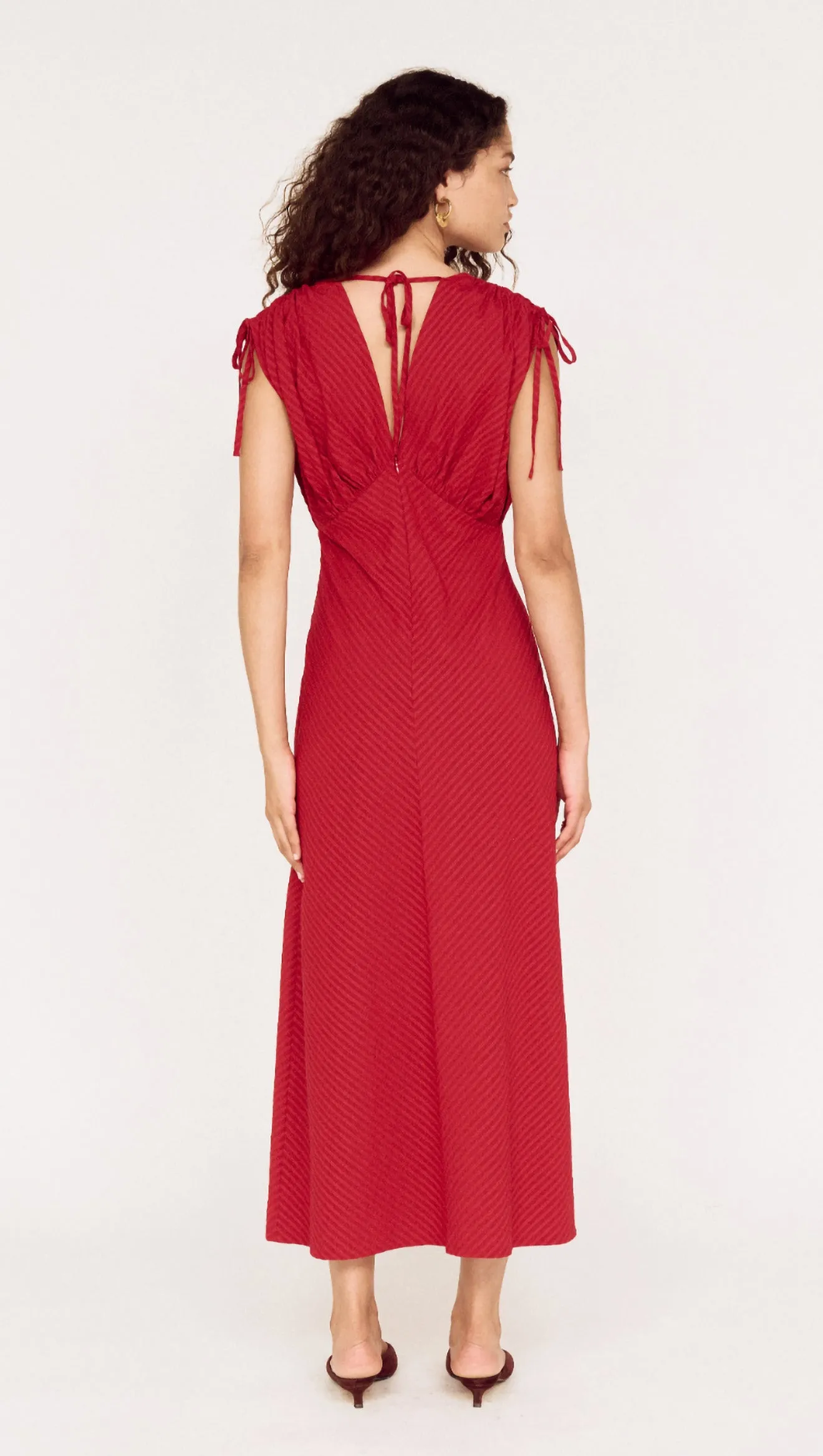 Red Stripe V-Neck Midi Dress with Gathered Shoulder sold by MINKPINK product image thumbnail 3