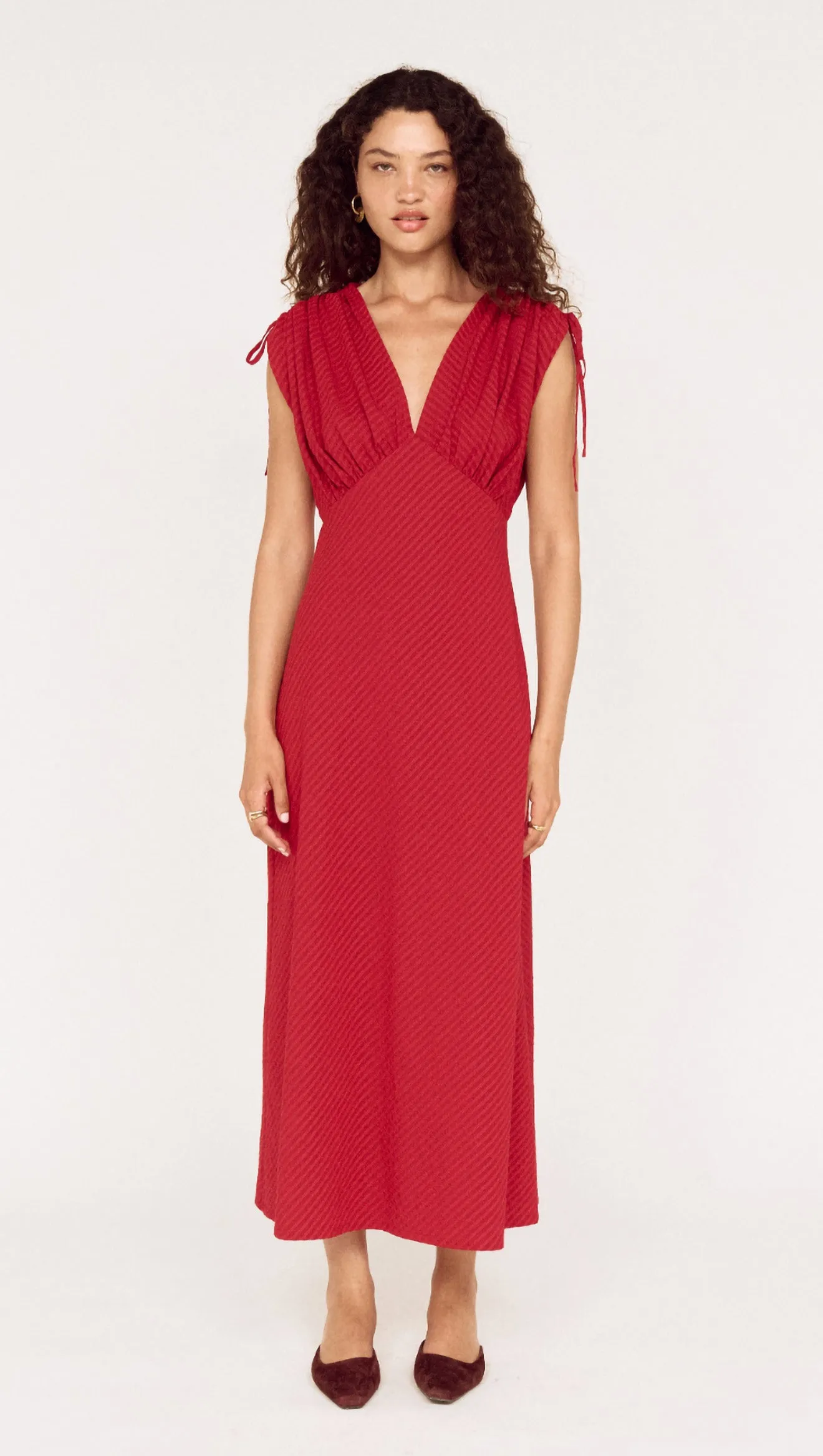 Red Stripe V-Neck Midi Dress with Gathered Shoulder sold by MINKPINK product image thumbnail 2