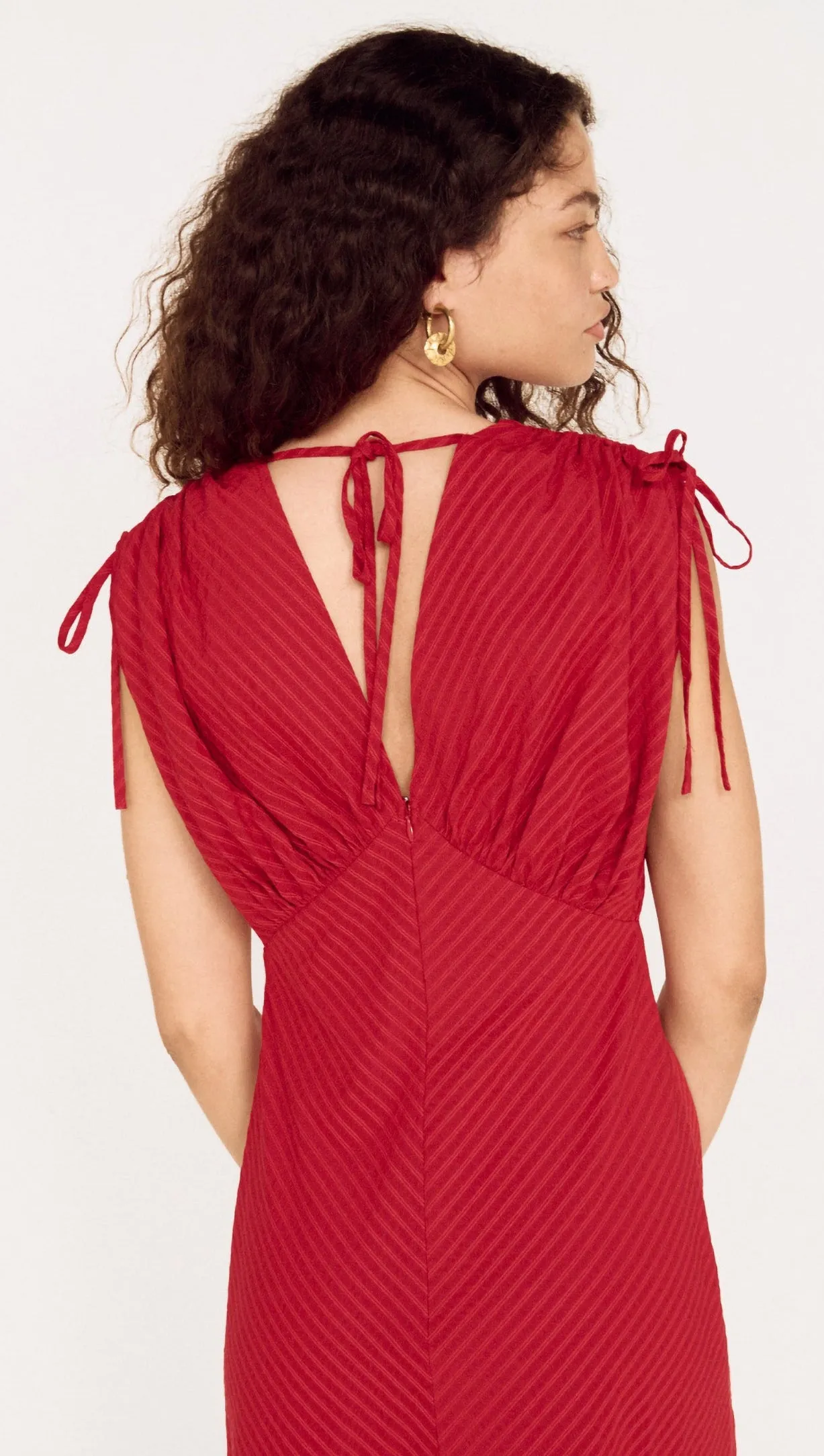 Red Stripe V-Neck Midi Dress with Gathered Shoulder sold by MINKPINK product image thumbnail 4