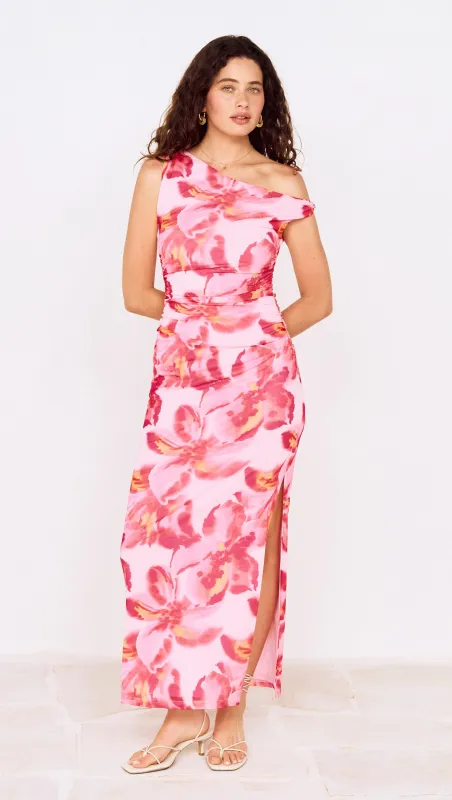 Pink Floral Off-Shoulder Mesh Midi Dress made by MINKPINK