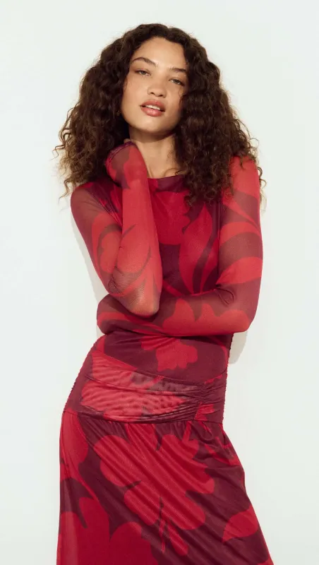 Oversized Floral Mesh Midi Dress with Gather Detail made by MINKPINK