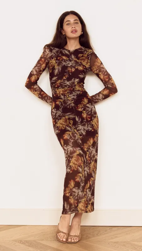 Brown Floral Gathered Mesh Midi Dress made by MINKPINK
