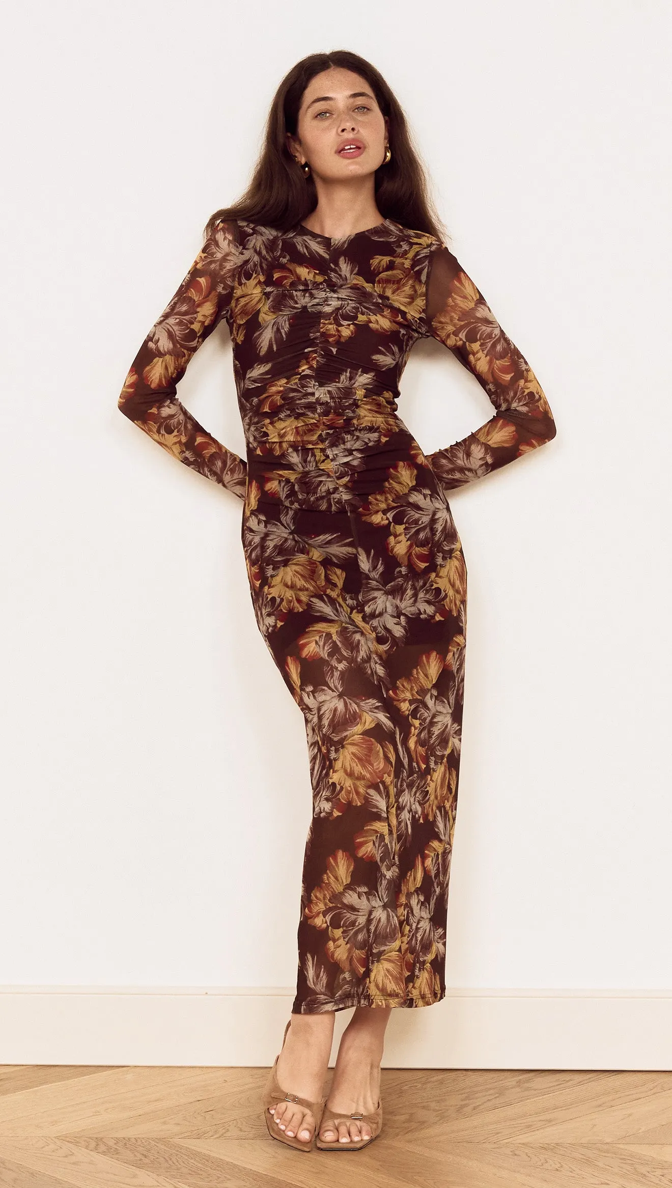 Brown Floral Gathered Mesh Midi Dress sold by MINKPINK