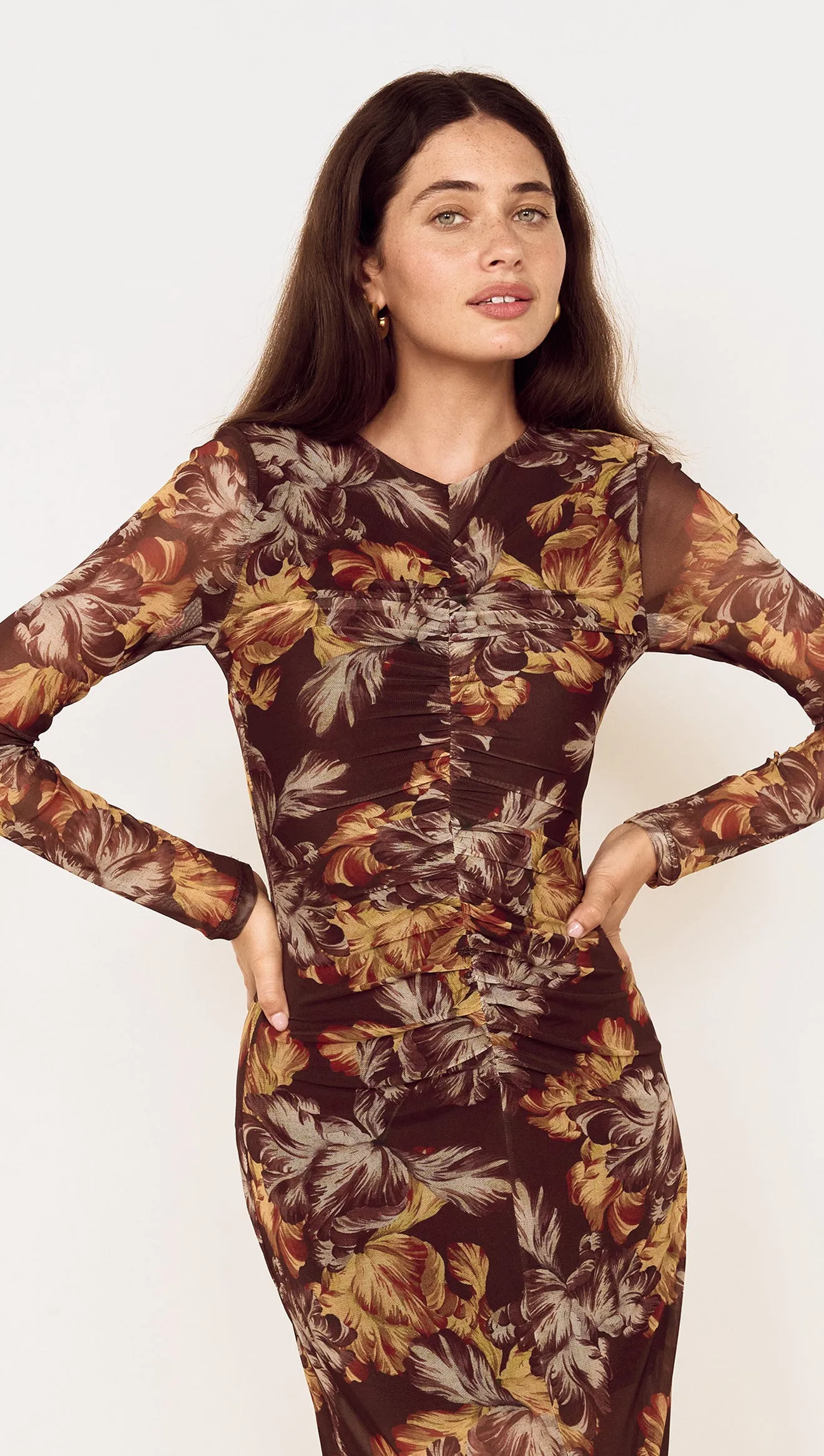 Brown Floral Gathered Mesh Midi Dress sold by MINKPINK product image thumbnail 5