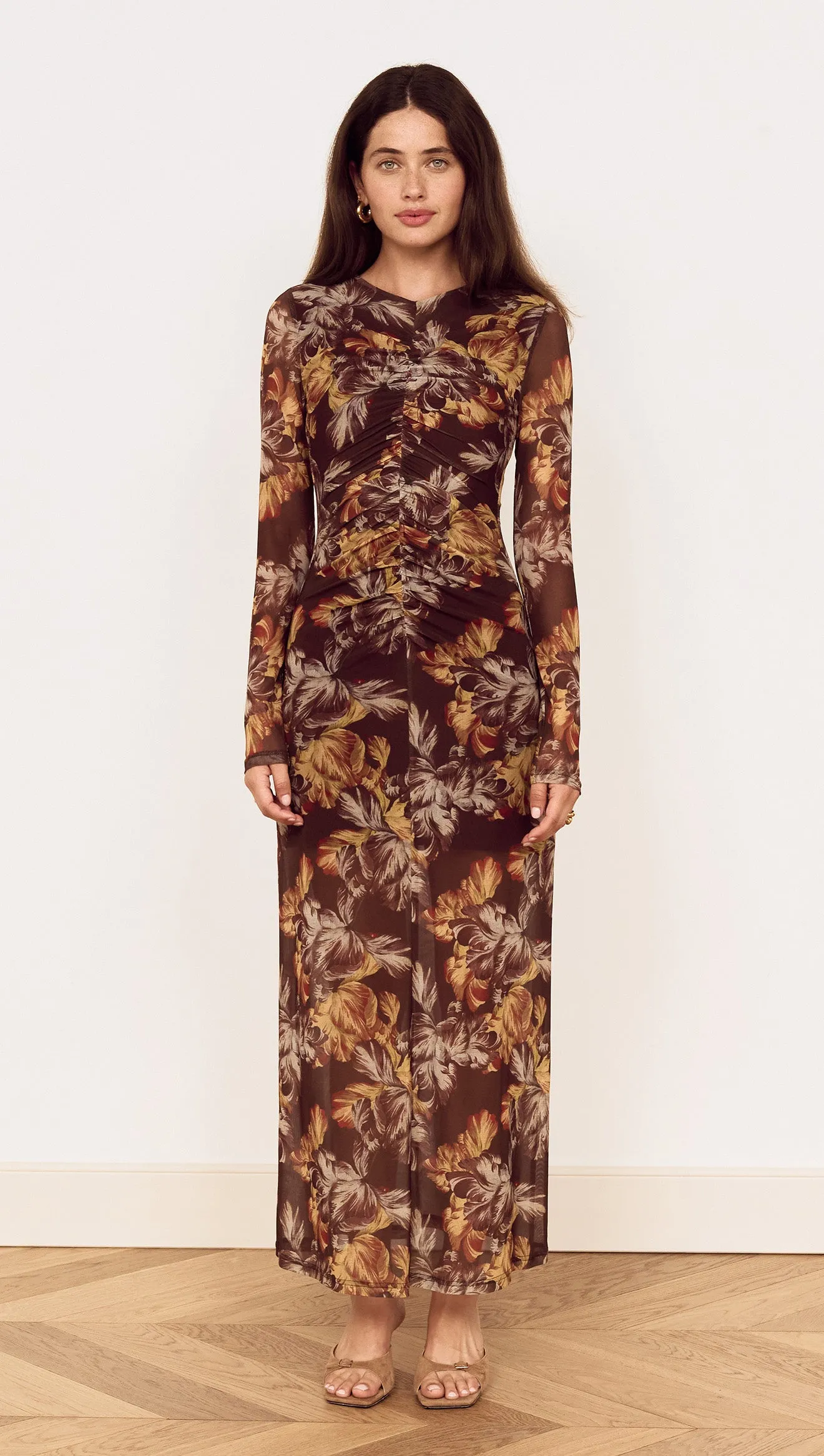 Brown Floral Gathered Mesh Midi Dress sold by MINKPINK product image thumbnail 2