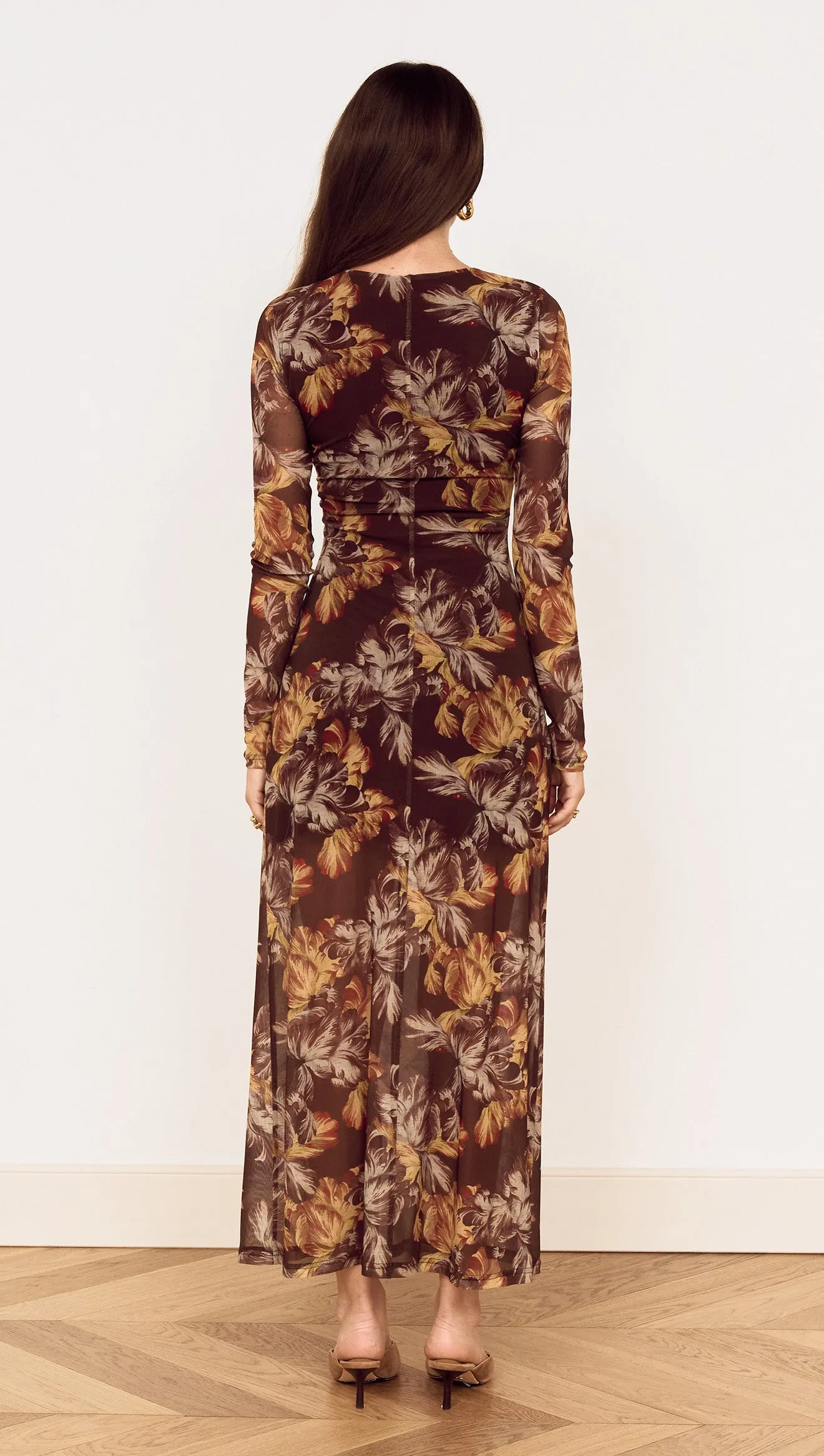 Brown Floral Gathered Mesh Midi Dress sold by MINKPINK product image thumbnail 4