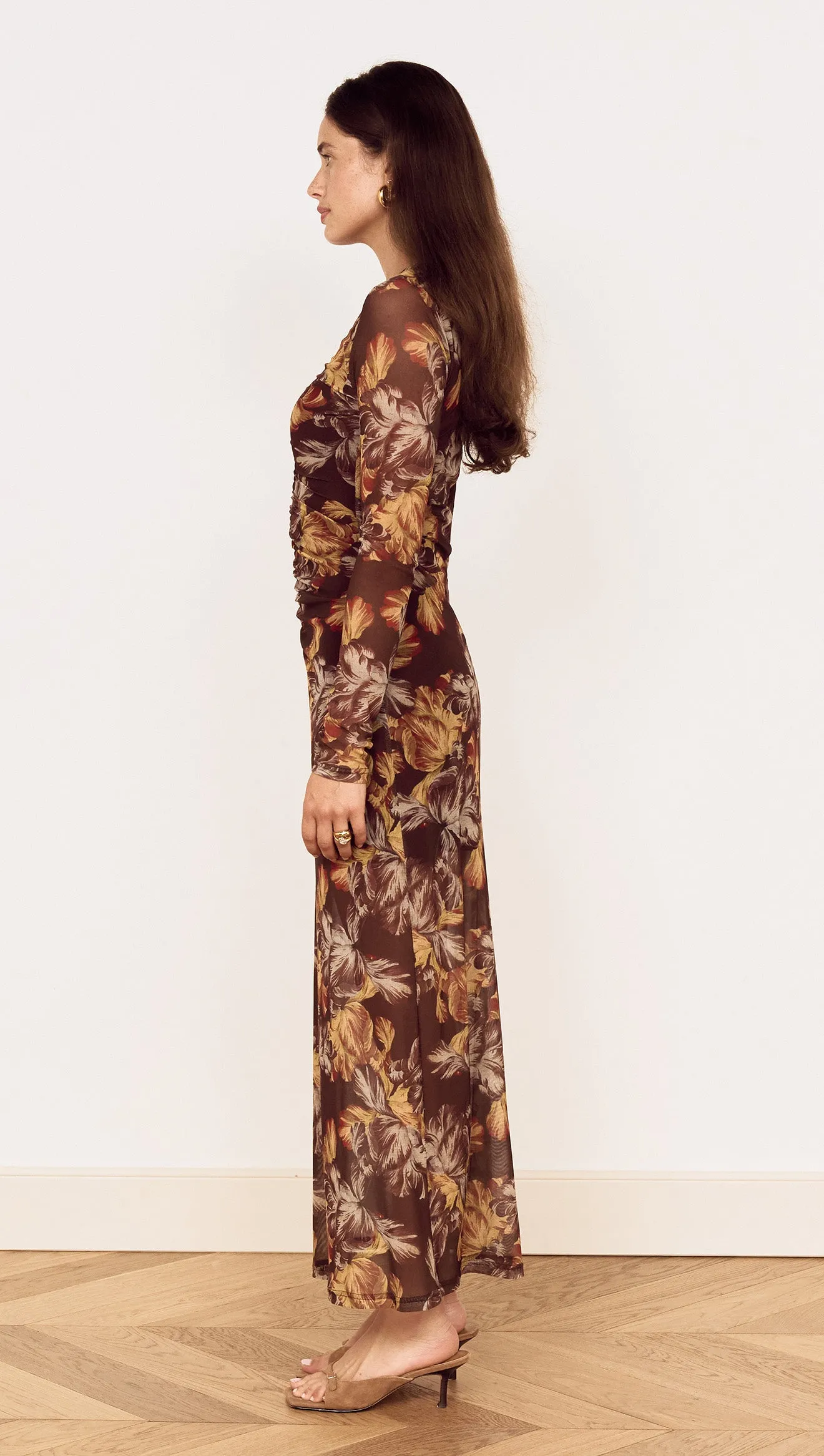 Brown Floral Gathered Mesh Midi Dress sold by MINKPINK product image thumbnail 3