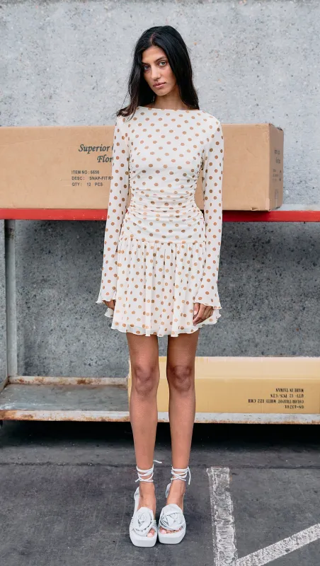 Butter Yellow Polka Dot Mini Dress with Drop Waist made by MINKPINK
