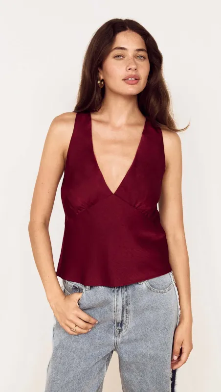Wine Satin V-Neck Cami Top made by MINKPINK